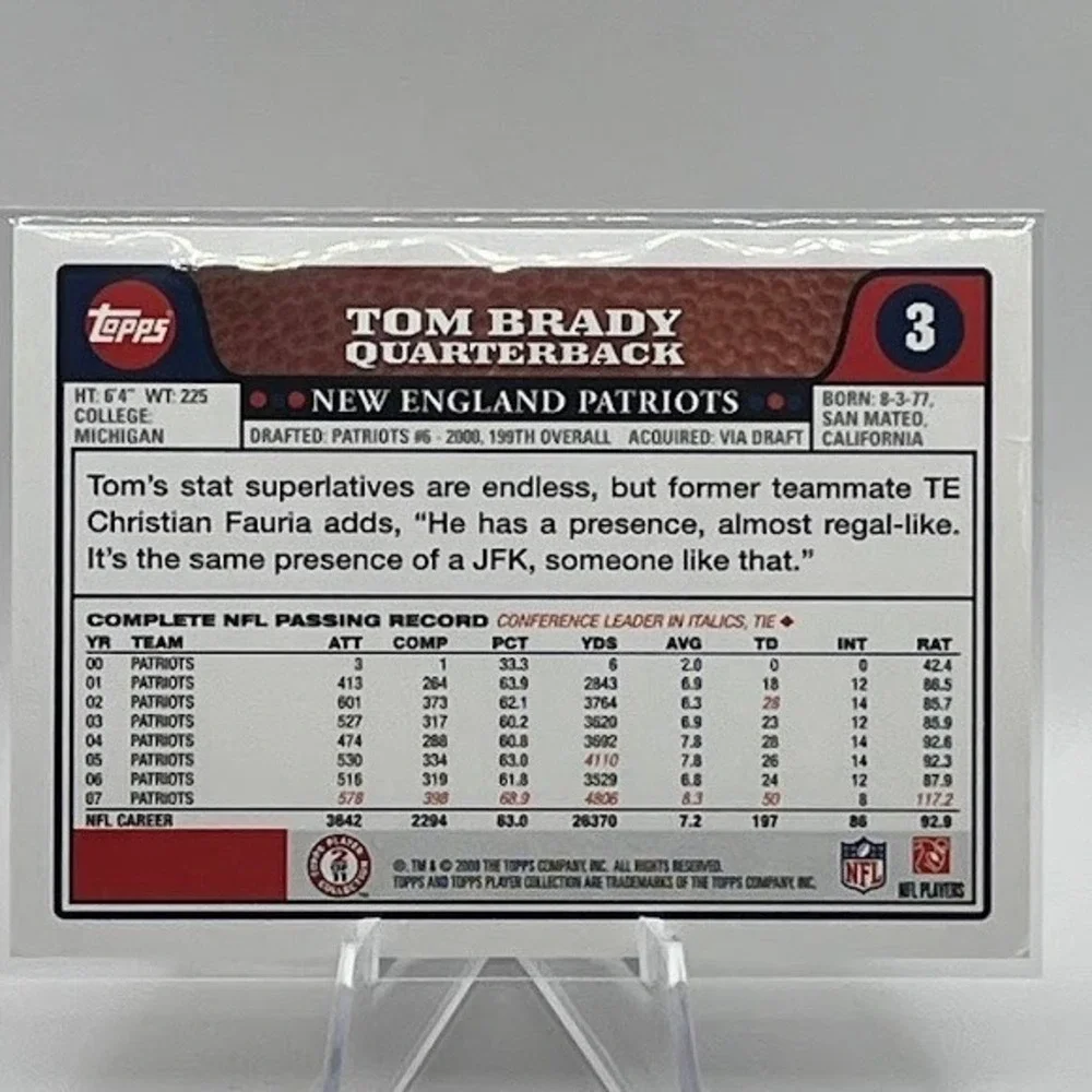 Tom Brady 2008 Topps Base Football Card #3 New England Patriots QB HOF Card NFL